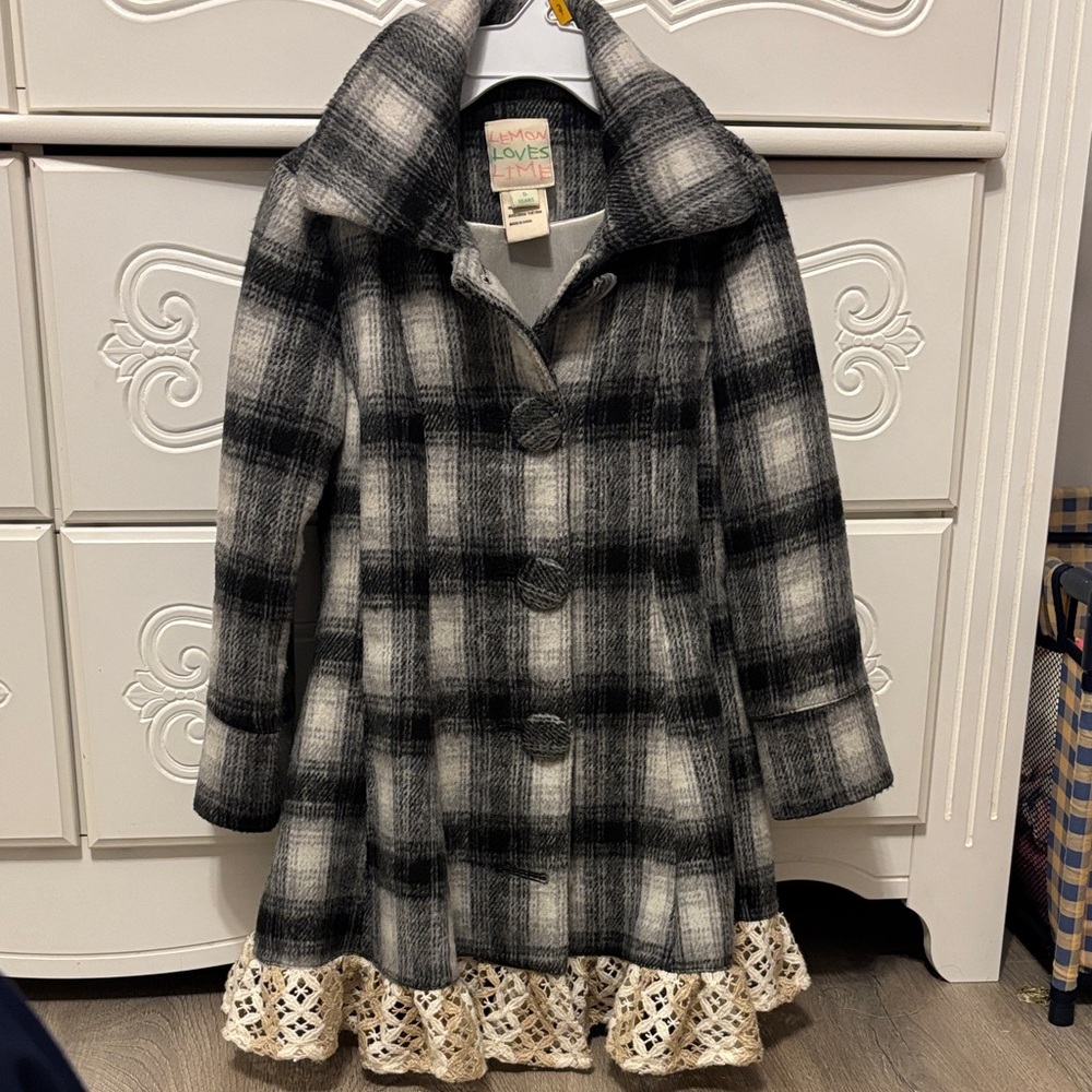 Girls Lemon Loves Lime Black and Gray Plaid Coat with Lace Trim
